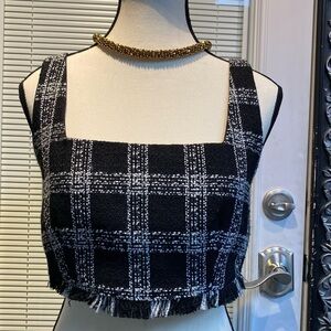 House of Harlow 1960 Black & White Plaid Checkered Frayed Hem Crop Top medium